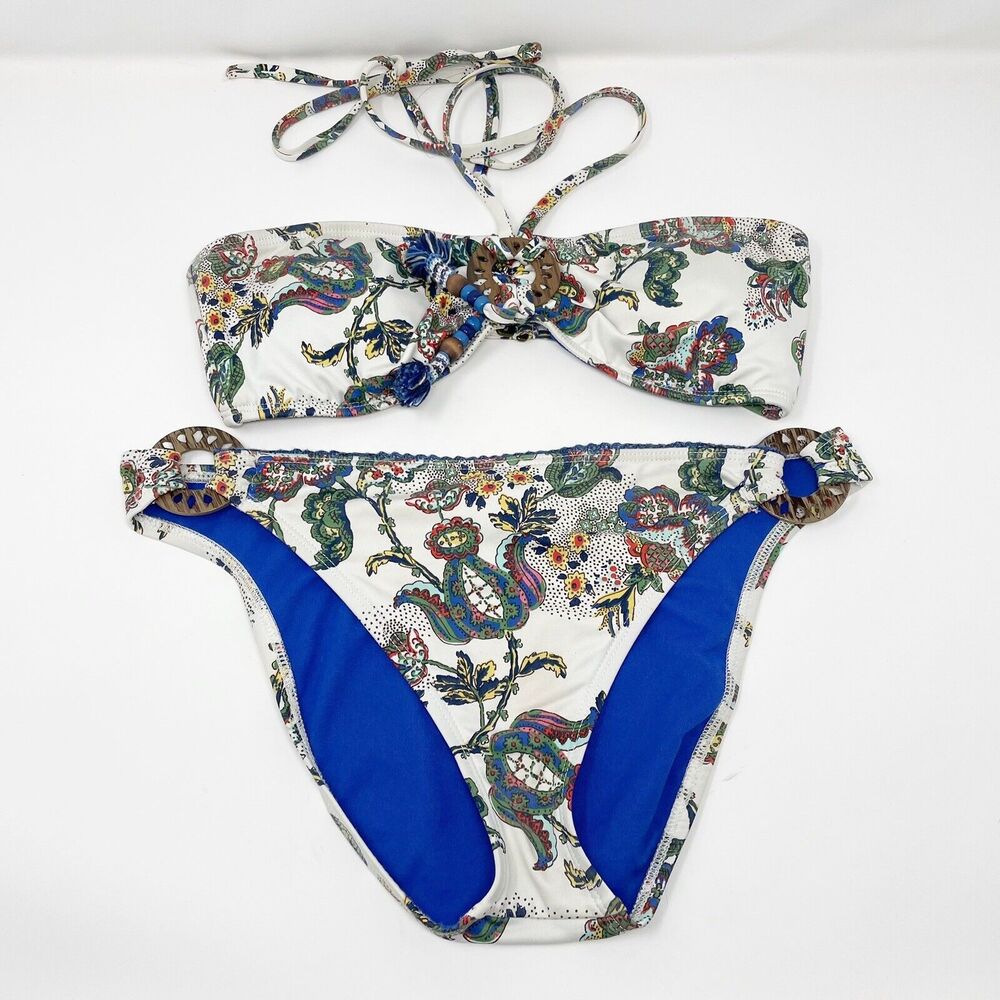 Lucky Brand Size M Multicolor Wood Piece Halter Neck Tie Two Piece Swim Suit